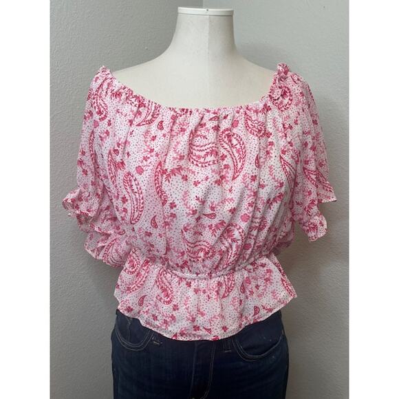 Sugarlips Pink Paisley Off Shoulder Puff Sleeve Crop Top - Picture 2 of 4